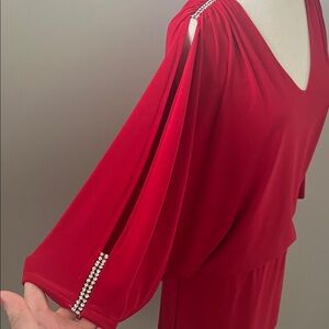 Cache Y2K Red V-Neck Drapped Dress Rhinestone Studded Batwing Cold Shoulder- Med